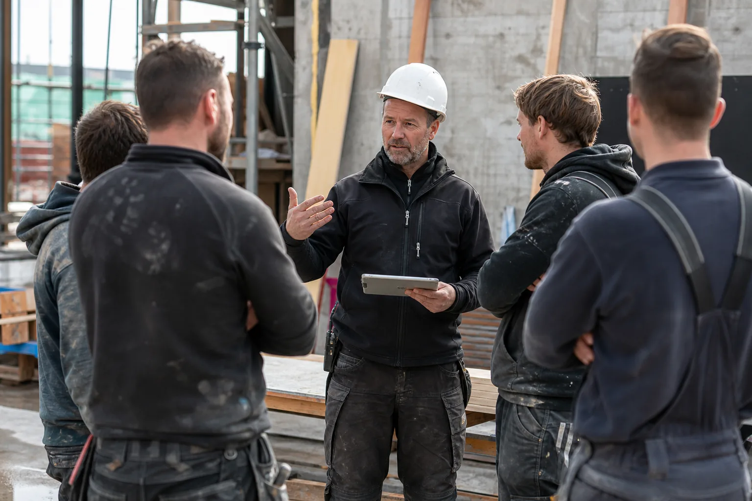 Werk op een Nederlandse bouwplaats. Beeld bij het artikel: Bent u volgens de Arbowet en uw RI&E verplicht om toolboxmeetings vast te leggen?