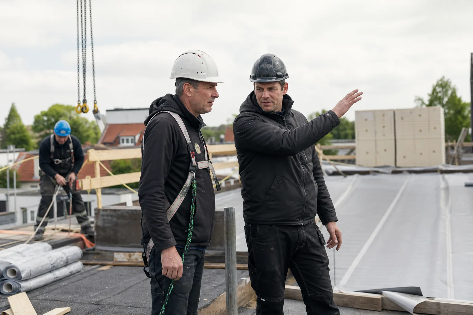 Werk op een Nederlandse bouwplaats. Beeld bij het artikel: Waar let u op tijdens een inspectieronde bij een dakrenovatie met valgevaar en hijswerk?