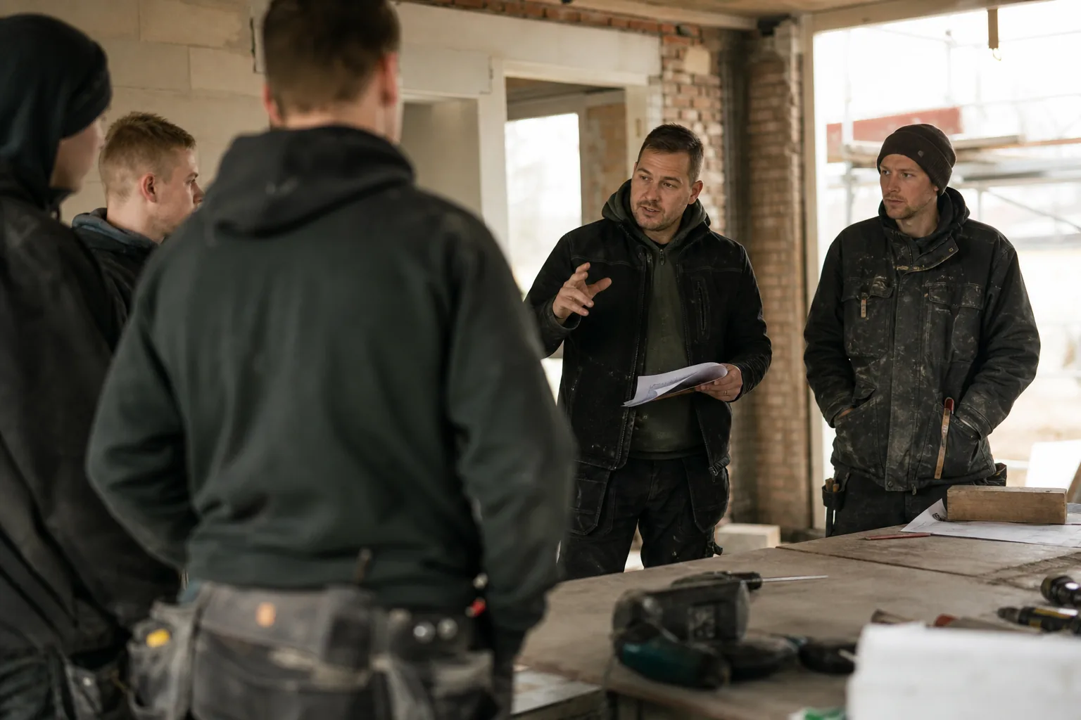 Werk op een Nederlandse bouwplaats. Beeld bij het artikel: Hoe houdt u een toolboxmeeting waar uw ploeg op de werf echt iets aan heeft?